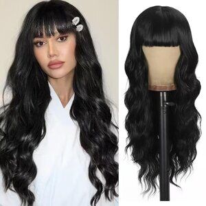 New UNNYMGER Natural Black Wigs with Bangs Long Curly Wig with Bangs